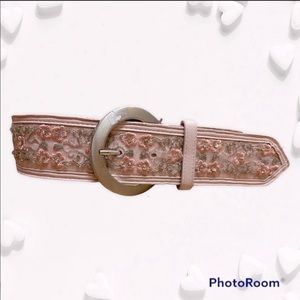 Vintage Rare Pink floral sequin embroidered thick silver buckle belt